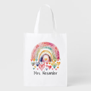 Cute Patel Rainbow Heart Teacher Valentine's Day Grocery Bag