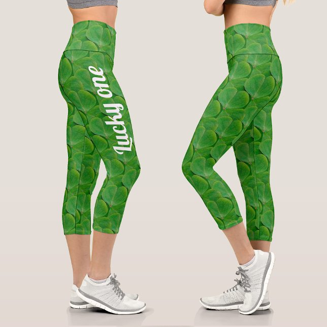 Cute Patricks Day Green Irish Lucky Clover Pattern Capri Leggings (Creator Uploaded)