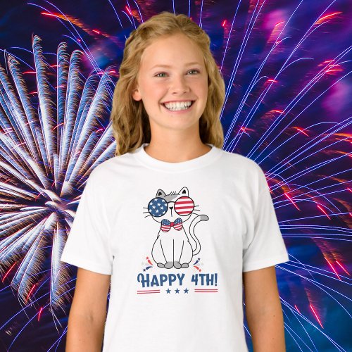 Cute Patriotic American Cat Happy 4th of July T_Shirt