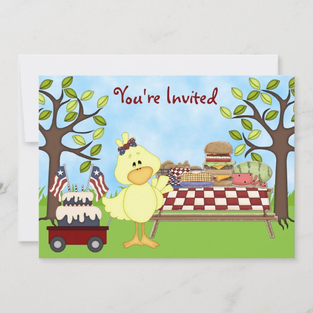 Cute Patriotic Bird Picnic Birthday Invite ~ Girls (Front)