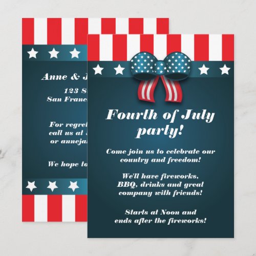 Cute Patriotic Bow 4th of July Party Invitations