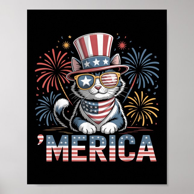 Cute Patriotic Cat ‘merica 4th Of July Memorial Da Poster (Front)