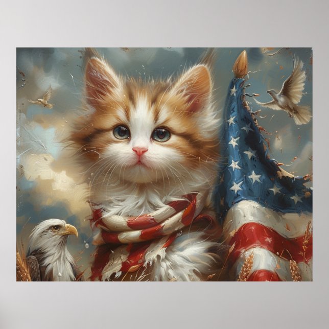 Cute Patriotic Cat Wraped in USA Flag  Poster (Front)