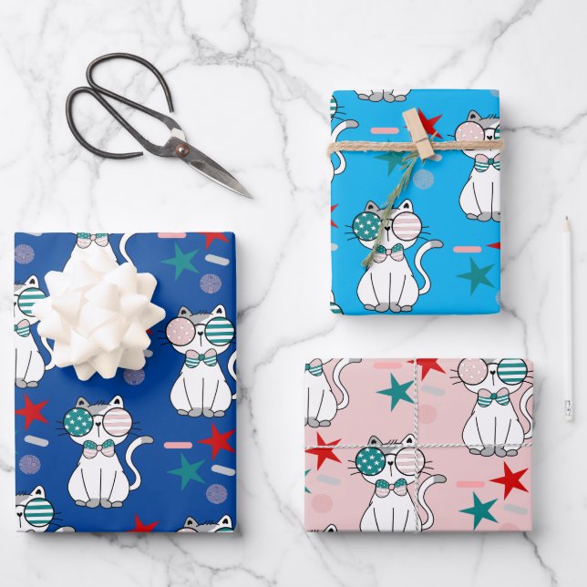 Cute Patriotic Cats Sprinkles Stars Pattern  Wrapping Paper Sheets (Front)