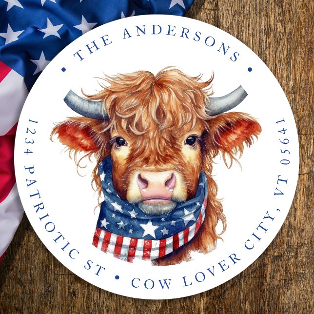 Cute Patriotic Cow 4th Of July Return Address Classic Round Sticker (Creator Uploaded)