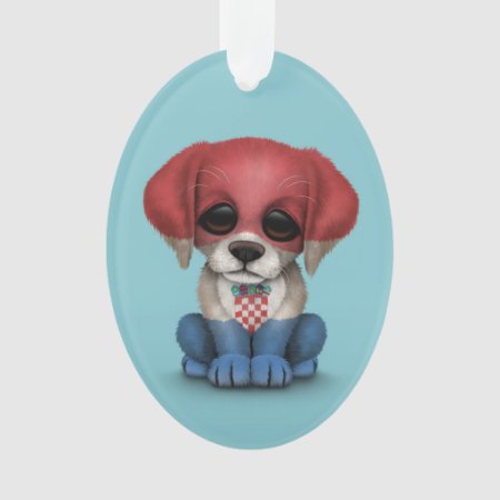 Cute Patriotic Croatian Flag Puppy Dog, Blue Ornament