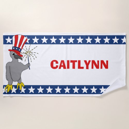 Cute Patriotic Eaglet 4th of July Personalized Beach Towel