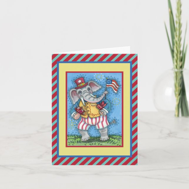 CUTE PATRIOTIC ELEPHANT WAVING AMERICAN FLAG CARD (Front)