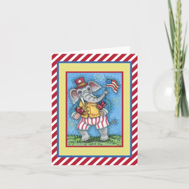 CUTE PATRIOTIC ELEPHANT WAVING AMERICAN FLAG CARD (Front)