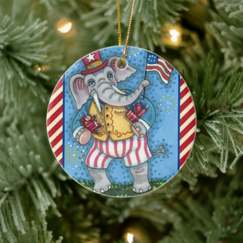 CUTE PATRIOTIC ELEPHANT WAVING AMERICAN FLAG CERAMIC ORNAMENT