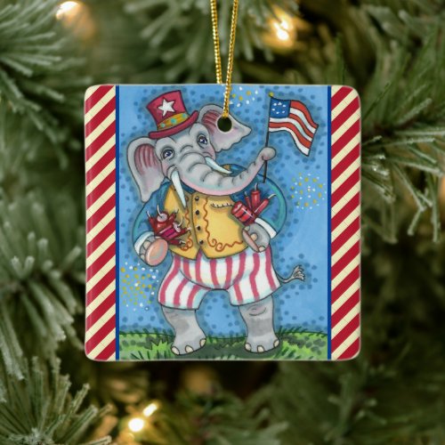 CUTE PATRIOTIC ELEPHANT WAVING AMERICAN FLAG CERAMIC ORNAMENT