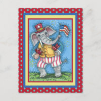 CUTE PATRIOTIC ELEPHANT WAVING AMERICAN FLAG POSTCARD