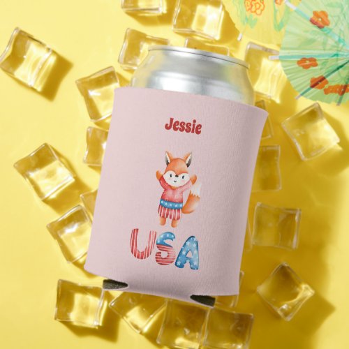 Cute Patriotic Fox Personalized Can Cooler