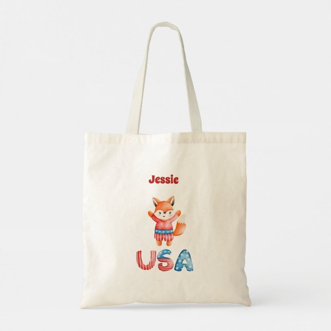 Cute Patriotic Fox Personalized Tote Bag (Back)
