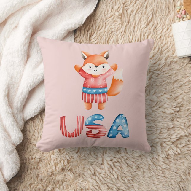 Cute Patriotic Fox Throw Pillow (Blanket)