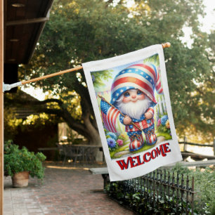 Cute Patriotic gnome welcome House Flag