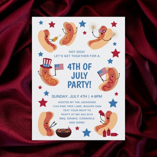 Cute Patriotic Hot Dog 4th of July Invitation Postcard