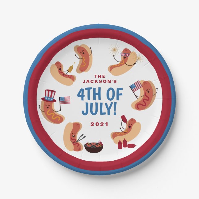 Cute Patriotic Hot Dog 4th of July Paper Plates (Front)