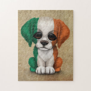 Cute Patriotic Irish Flag Puppy Dog, Rough Jigsaw Puzzle