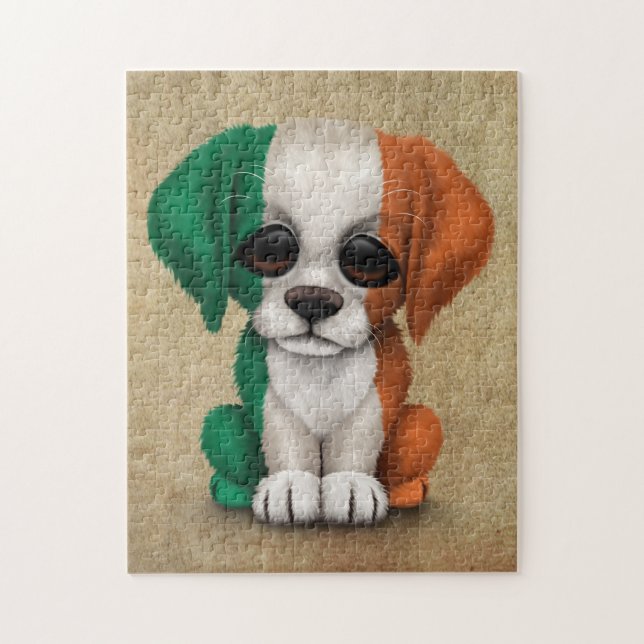 Cute Patriotic Irish Flag Puppy Dog, Rough Jigsaw Puzzle (Vertical)