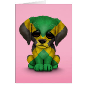 Cute Patriotic Jamaican Flag Puppy Dog, Pink Cards
