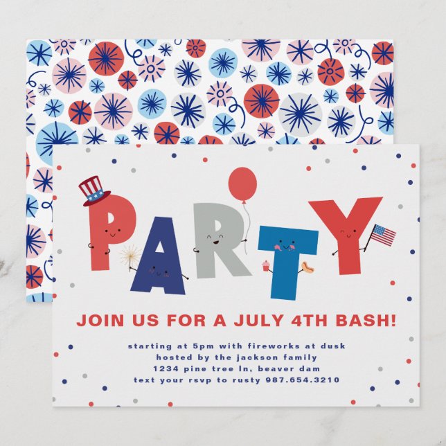 Cute Patriotic July 4th Party Invitation (Front/Back)