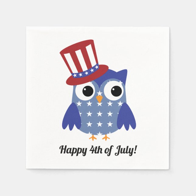 Cute Patriotic Owl with Top Hat Fourth of July Napkins (Front)
