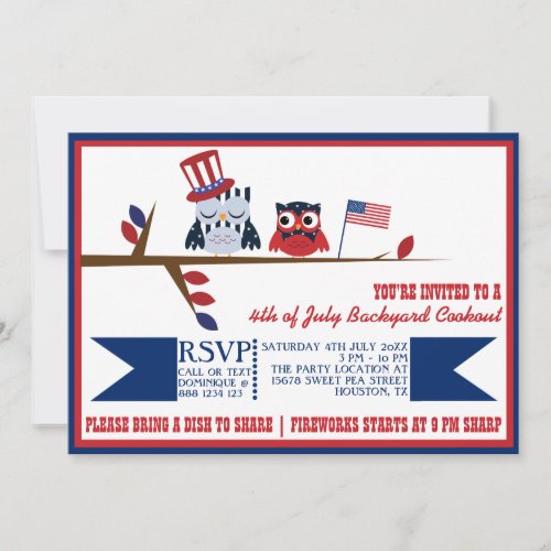 Cute Patriotic Owls Fourth of July Invitation