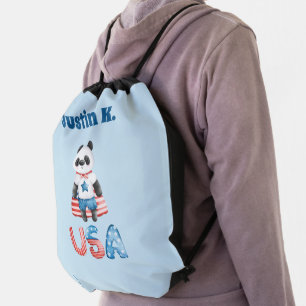 Cute Patriotic Panda Superhero Personalized Drawstring Bag