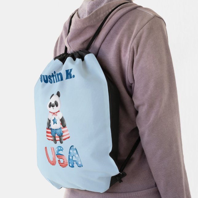 Cute Patriotic Panda Superhero Personalized Drawstring Bag (Insitu)