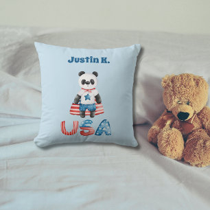 Cute Patriotic Panda Superhero Personalized Throw Pillow