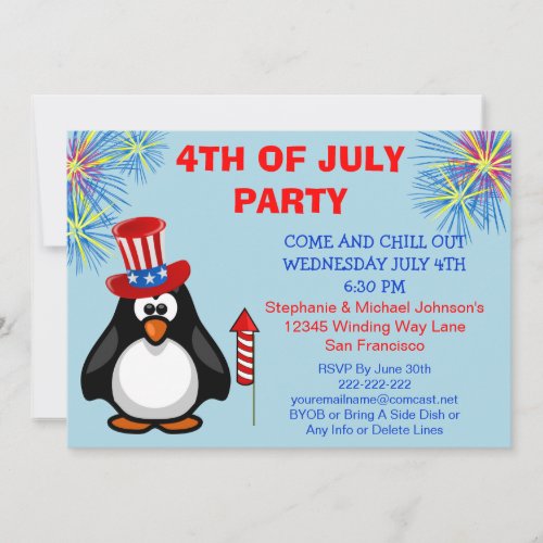 Cute Patriotic Penguin Fireworks 4th of July Party Invitation