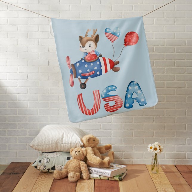 Cute Patriotic Pilot Deer Personalized Baby Blanket (In Situ)