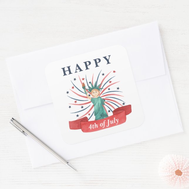 Cute Patriotic Red White And Blue 4th of July Square Sticker (Envelope)