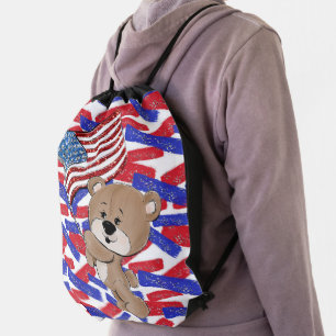 CUTE PATRIOTIC RED WHITE BLUE TEDDY BEARS DRAWSTRING BAG