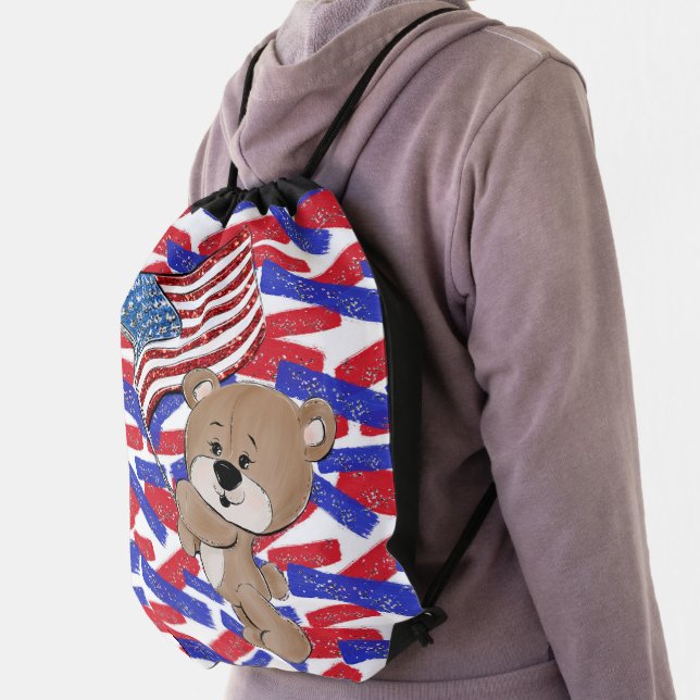 CUTE PATRIOTIC RED WHITE BLUE TEDDY BEARS DRAWSTRING BAG (Insitu)