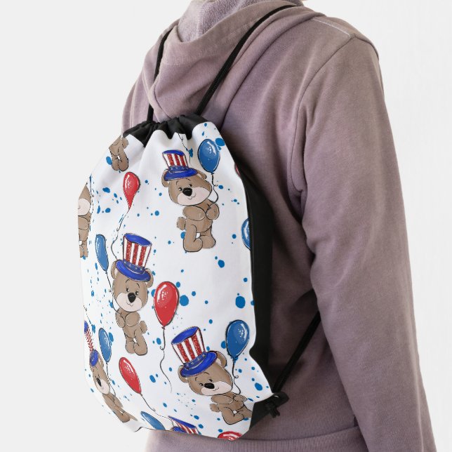 CUTE PATRIOTIC RED WHITE BLUE TEDDY BEARS DRAWSTRING BAG (Insitu)
