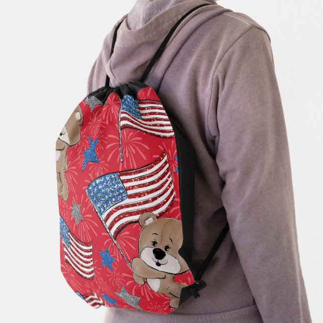 CUTE PATRIOTIC RED WHITE BLUE TEDDY BEARS DRAWSTRING BAG (Insitu)