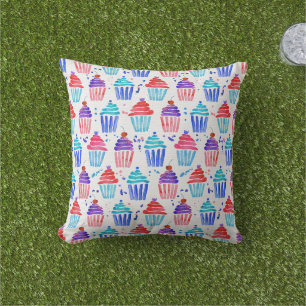 Cute patriotic red white & blue watercolor cupcake outdoor pillow