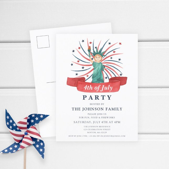 Cute Patriotic Statue Of Liberty 4th Of July Party Invitation Postcard (Cute Patriotic Statue Of Liberty 4th Of July Party Invitation Postcard)