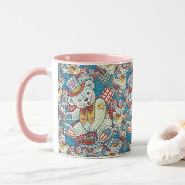 CUTE PATRIOTIC TEDDY BEAR, BOAT & PATCHWORK QUILT MUG (With Donut)