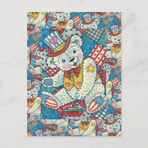 CUTE PATRIOTIC TEDDY BEAR BOAT  PATCHWORK QUILT POSTCARD