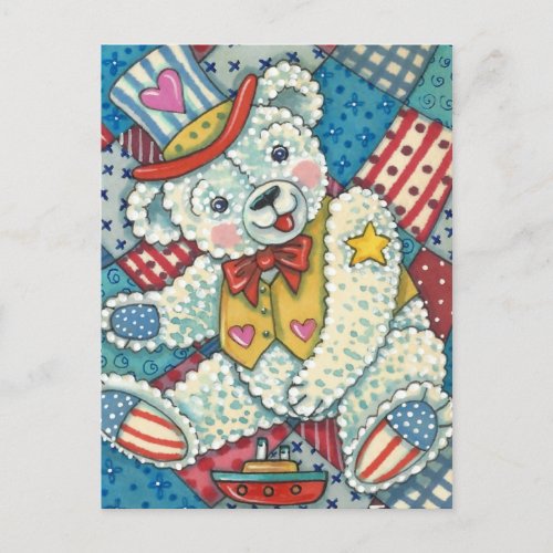 CUTE PATRIOTIC TEDDY BEAR BOAT  PATCHWORK QUILT POSTCARD