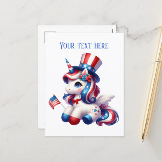 Cute patriotic unicorn add message holiday postcard