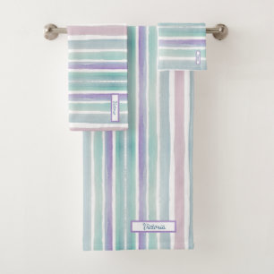 Cute Pattern Colorful Stripes Pink Blue Monogram Bath Towel Set