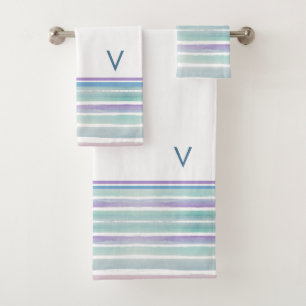 Cute Pattern Colorful Stripes Pink Blue Monogram Bath Towel Set