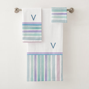 Cute Pattern Colorful Stripes Pink Blue Monogram Bath Towel Set