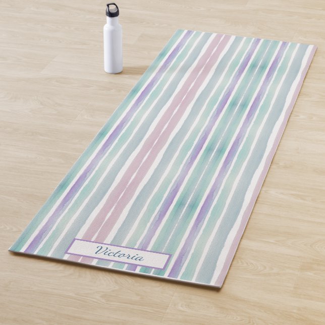 Cute Pattern Colorful Stripes Pink Blue Monogram Yoga Mat (In Situ)