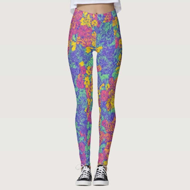 Cute Pattern Floral LuLaRoe Pink Yellow Purple Leggings (Front)