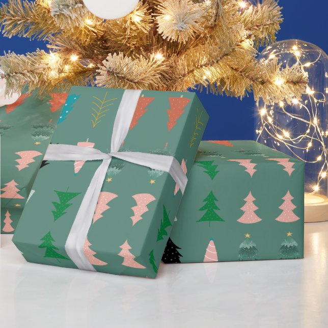 Cute pattern green background Christmas trees pink Wrapping Paper (Holidays)